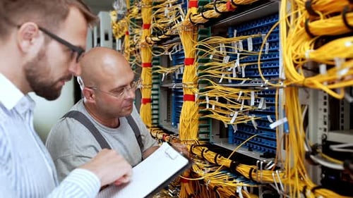 Technicians Working on Server Rack with Cables