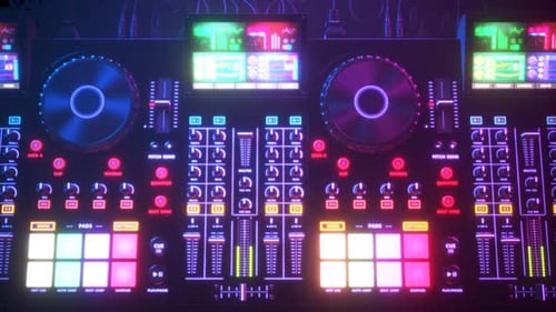 DJ Set in an endless looping animation. Electro music equipment in a club lights