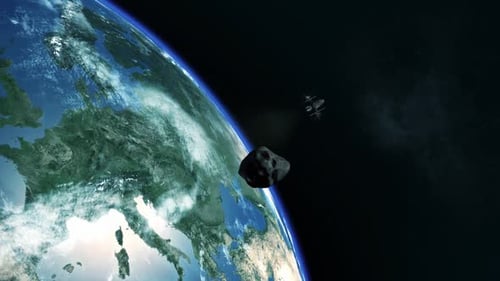 Asteroid Approaching Earth Spaceship Space Animation