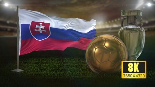 Slovakia Flag, Gold Football, and Trophy in Sports Stadium