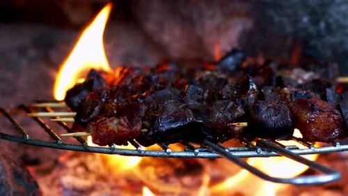 Grilled Skewers Roasting Over Fiery Embers Close Up