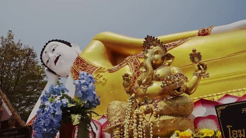 Thailand Chiang Mai Reclining Buddha at a Buddhist Temple, Beautiful Famous Building of Wat Phrathat