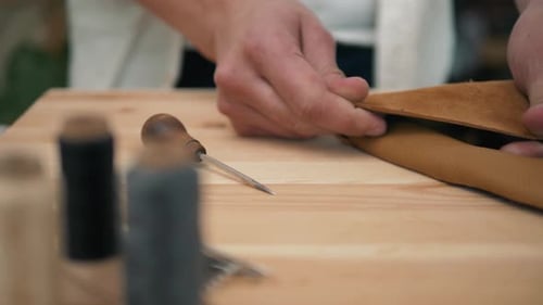 Close Up Craftman Man Work with Leather, Produce Shoes or Fashion Bag, Diy Production on Wooden
