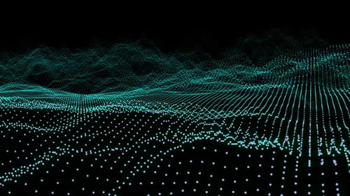 Onde de particules numériques abstraites bleues, animation, données numériques, arrière-plan cyber ou technologique