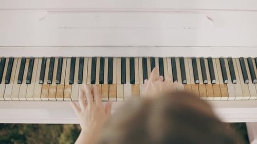 Top View of Female Hands Playing a Gentle Piece of Classical Music on a Beautiful Grand Piano. Woman