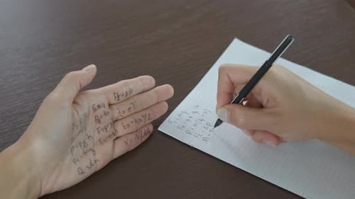 Hand Writes Physics Equations With Cheat Sheet