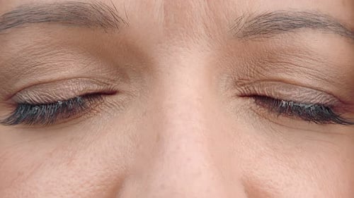Brown Woman Eyes Close Up. Women's Eyes Are Brown, Slowly Closing and Opening. Perfect Female Eyes.