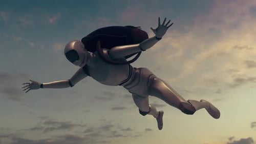 Sci-Fi Robot Skydiving through Clouds at Sunset