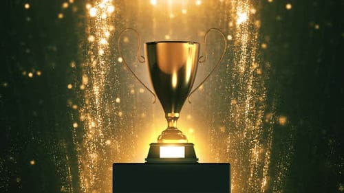 Golden Award Trophy with Glittering Particles and Spotlight Animation