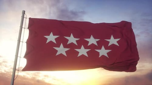 Realistic Red Flag with White Stars Waving at Sunset