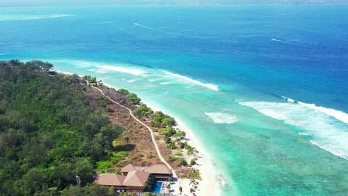 Aerial flying over landscape of perfect coast beach time by blue ocean and white sand background of