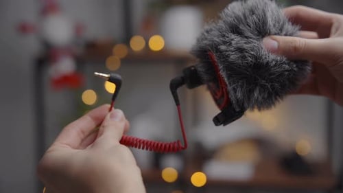 Directional shotgun mic hold in the hand on the blurry background