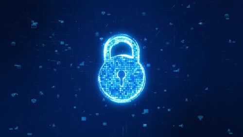 Blue particle Key logo with digital futuristic technology icon on abstract background