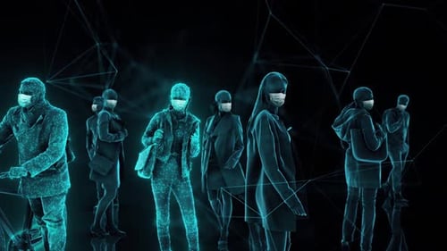 Futuristic Digital People Walking in Face Masks with Network Connection