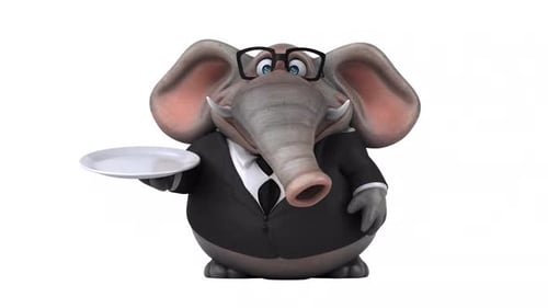 Animated Elephant Character in Suit Presenting Empty Tray