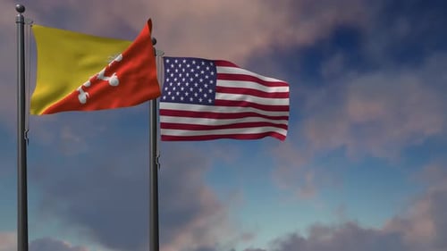 Bhutan and USA Flags Waving Together in Blue Sky Animation