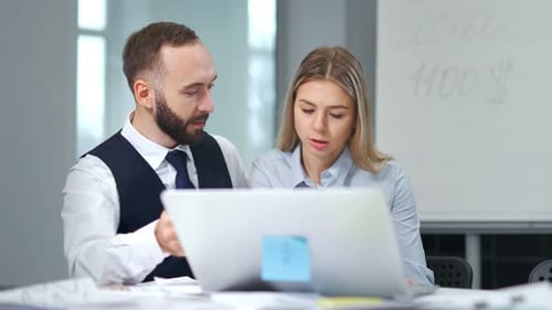 Medium Shot Two Colleagues Business People Discussing New Project Using Laptop PC at Modern Office