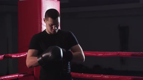 Boxer Secures Gloves in a Red Boxing Ring