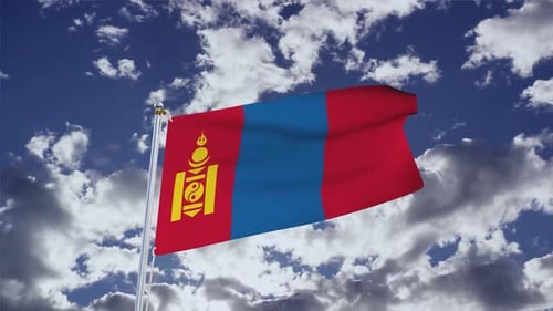 Mongolian Flag Waving in Realistic Cloudy Sky
