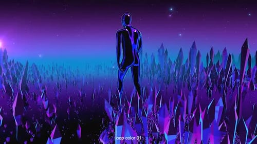 Futuristic Metallic Figure Walking Through Shifting Neon Crystal Field Loop