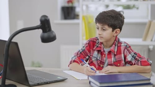 Boy Doing Homework at Desk Indoors