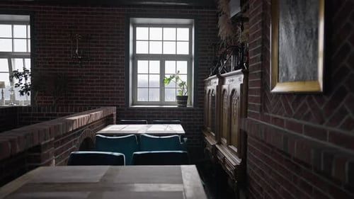 Live Camera Moves Along Tables in Oldfashioned Restaurant Indoors in Slow Motion