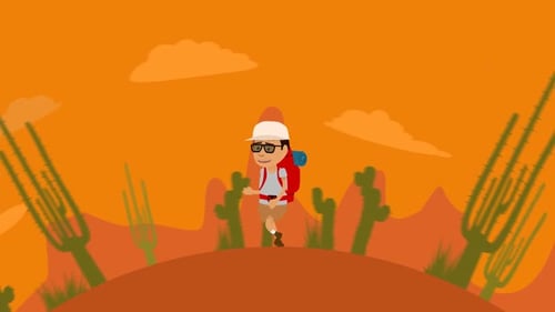 Tourist with a backpack and sunglasses is enjoying a journey on sandy prairie.
