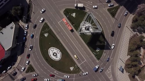 Top View Zoom Out Urban Road with Traffic Cars, Top Down View of Roundabout