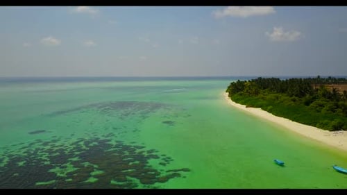 Aerial top view travel of idyllic bay beach lifestyle by blue green ocean with white sand background