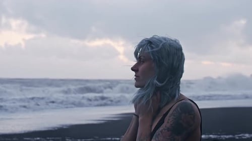 Blue Haired Cool Girl Watching Sea