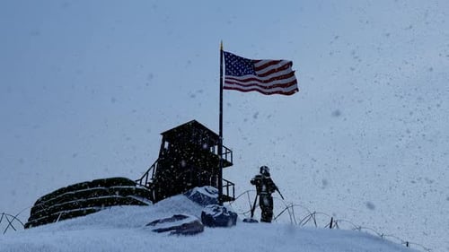 US Flag Waving at Snowy Soldier Guard Post