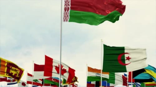 Realistic Waving Flags of Various Nations on Flagpoles
