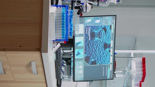 Laboratory equipment and DNA data on screen