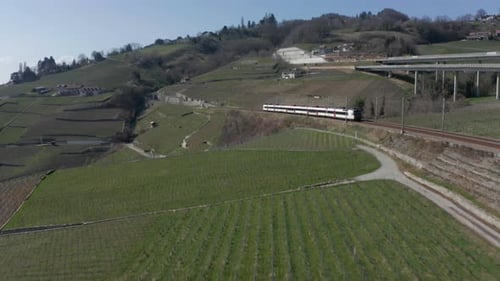 Aerial of train driving into tunnel in beautiful green countryside