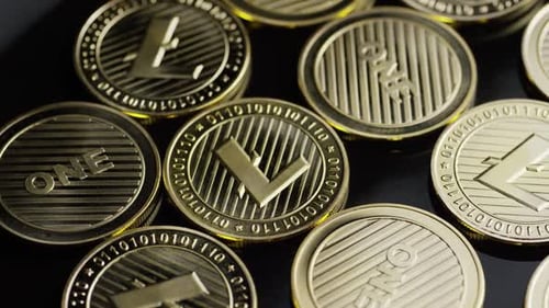 Rotating shot of Bitcoins (digital cryptocurrency) - BITCOIN LITECOIN 282