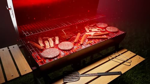 Grilling meat. Barbeque. Steaks, sausages, burgers. Grill with red hot charcoal.