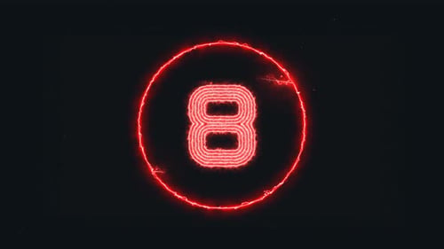 Top Ten Countdowns, Neonlichtzahlen von 10 bis 1, Laserstrahl erscheint auf schwarzem Hintergrund