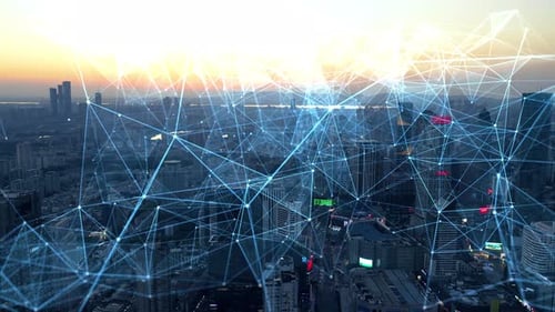 smart Connected city skyline. Futuristic network concept, city Technology.