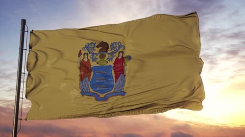 New Jersey State Flag Waving Against a Golden Sunset Sky