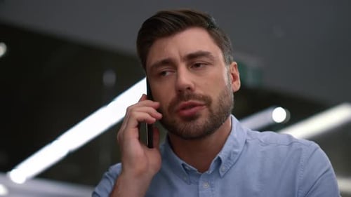 Executive Finishing Phone Call Speaking Online Financial Business in Office