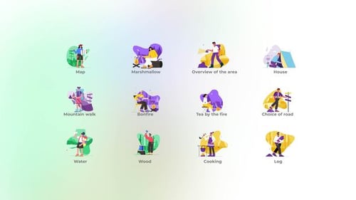 Animated Camping and Outdoor Adventure Flat Design Icons