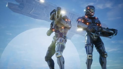 Futuristic Armored Soldiers Standing as Spaceships Fly By