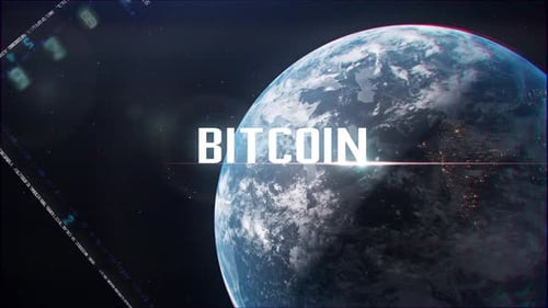 Futuristic Bitcoin Text Reveal with Digital Earth and Data Flow