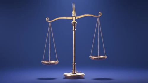 Antique golden jewelry balance scale on blue background. Seamless animation. 4k