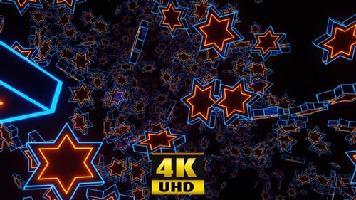 Tunnel aus sechs spitzen Neonsternen 4K