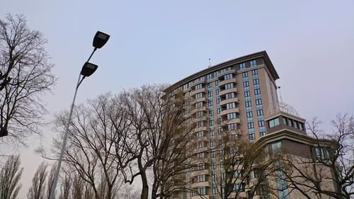 Apartment building with asymmetrical. Stair step architecture in the city downtown
