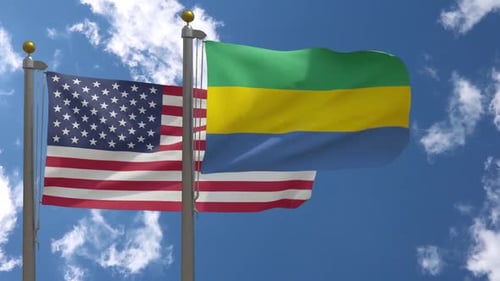 USA and Gabon Flags Waving in Realistic Loop