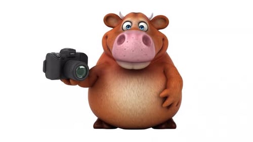 Animated 3D Cartoon Cow with Camera Pointing Up