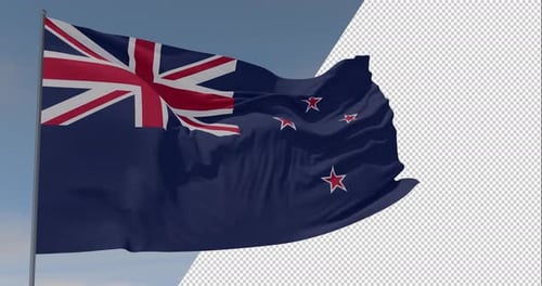 Waving New Zealand Flag on a Flagpole Realistic Animation