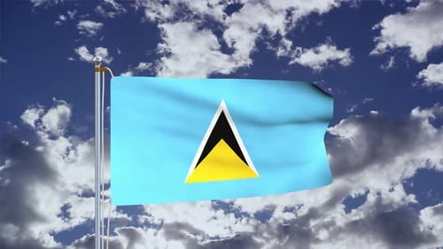 Saint Lucia National Flag Waving Against Dynamic Sky Background